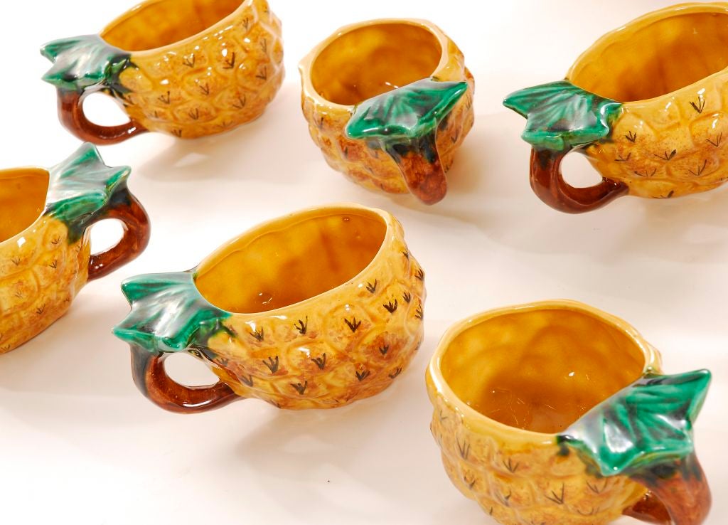 French pineapple punch set. Set includes seven cups and large pineapple punch bowl with lid. Set is stamped 