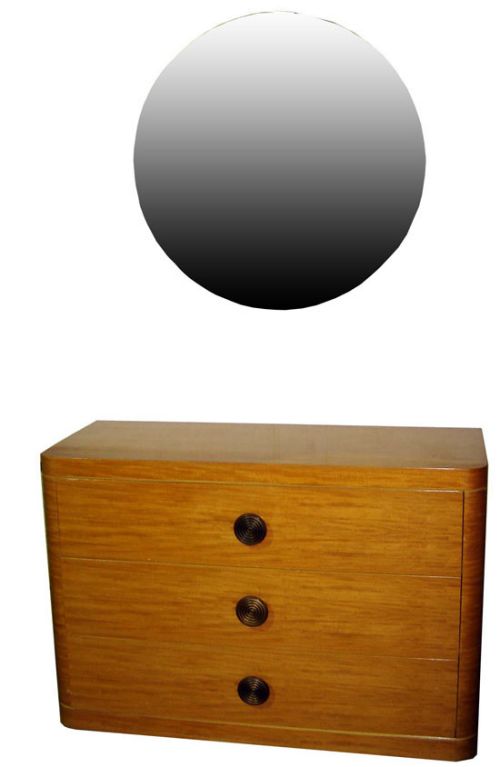 American Art Deco Blond Mahogany Dresser & Mirror