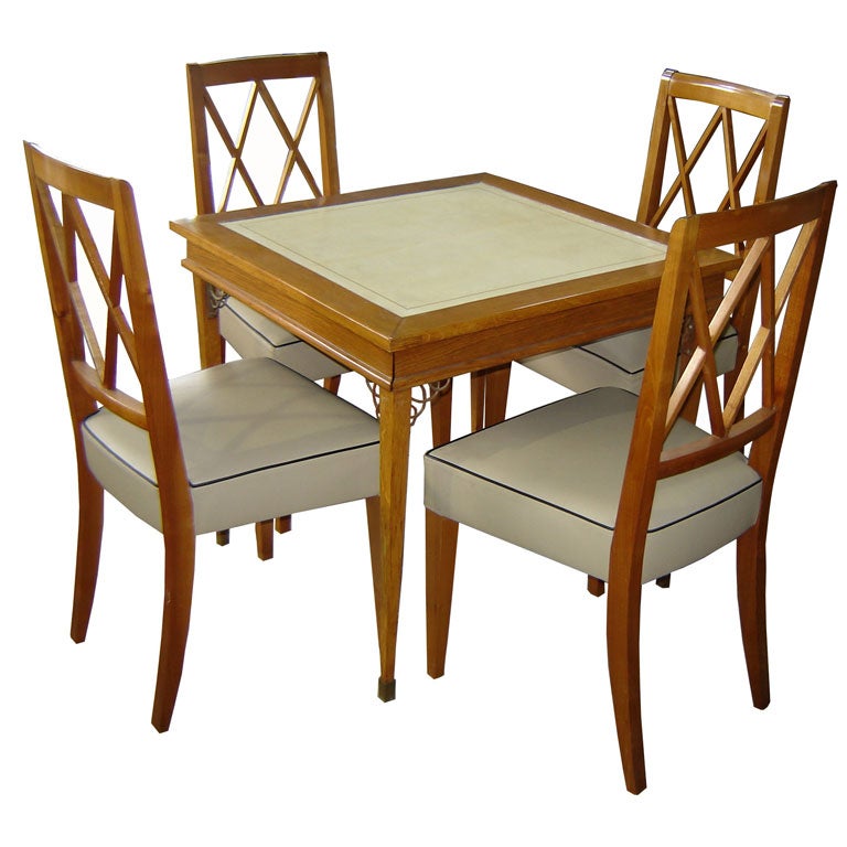 Jacques Adnet French Art Deco Card Table & Four Chairs