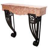French Art Deco Wrought Iron and Pink Marble Console Table