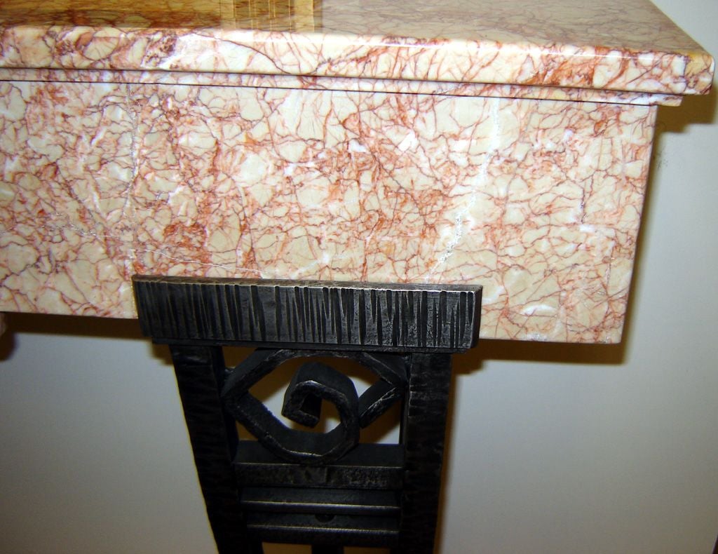 French Art Deco Wrought Iron and Pink Marble Console Table