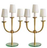 Gio Ponti style candelabrum lamps in brass and glass.