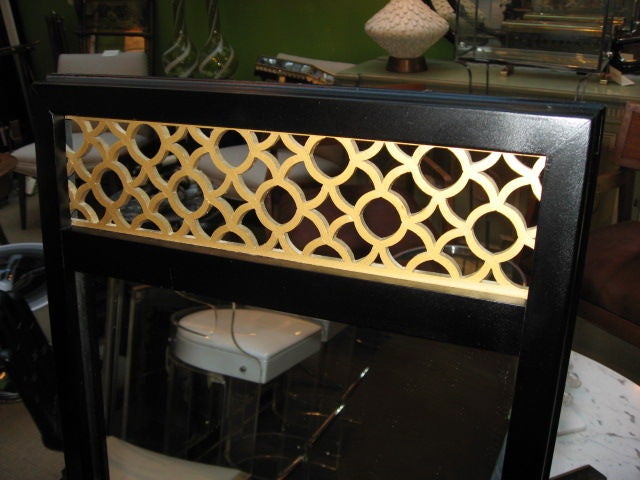 Pair of Hollywood Regency Black Lacquer Mirrors with Gold Detail