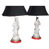 Vintage Pair of Oriental Table Lamps with Green Key Design