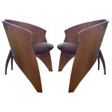 Rare! Pair of Curved Wood and Bronze Metal Chairs