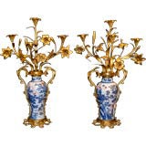 A Pair of Gilt Bronze & Chinese Porcelain Four Light Candelabra