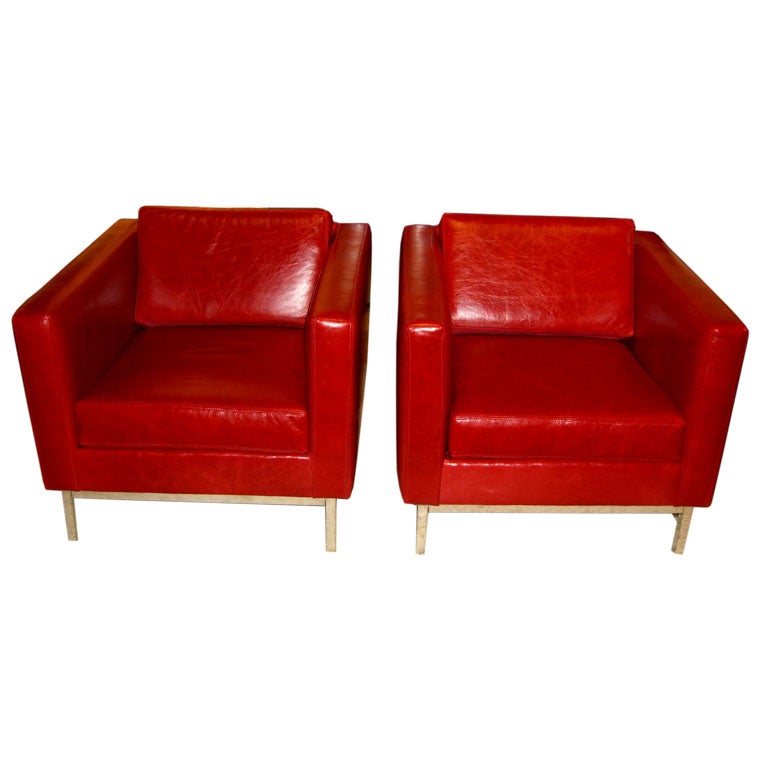 Red Distressed Leather cube chairs probably by Florence Knoll at 1stDibs