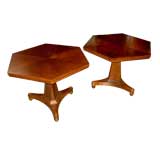 Beautiful pr of mid century octagonal figured walnut tables