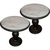 Pair of white carrera marble tops carved wood base tables