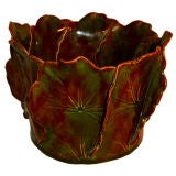 Antique Arts & Crafts Mission  leaf modeled pottery vase monogrammed PY
