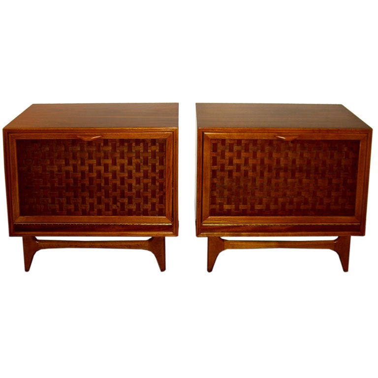 Beautiful pair of Lane Basket weave front cabinets from the 50's at 1stDibs