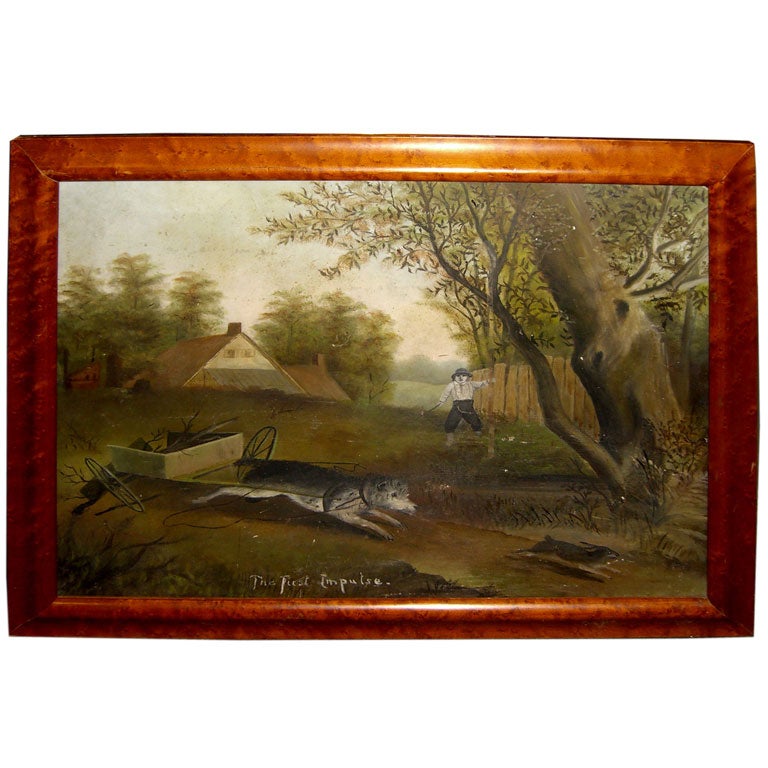 19th cty charming primitive folk art oil of dog chasing squirrel