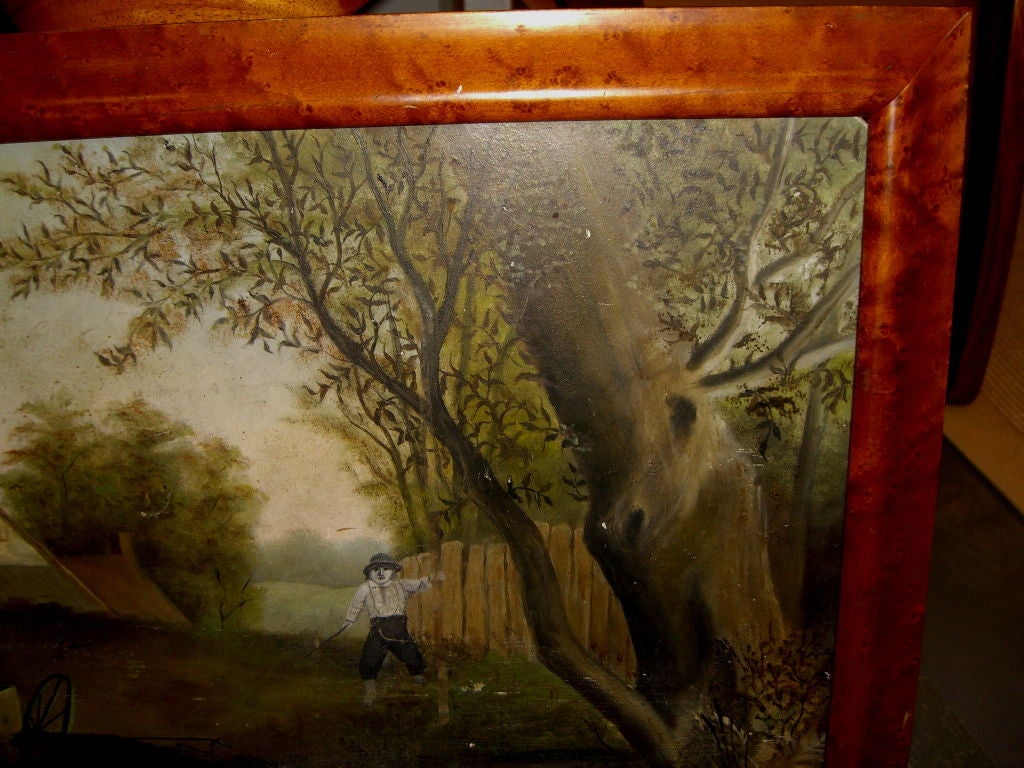 A charming 19th century primitive folk art oil on board of a dog pulling a cart chasing a squirrel. It is titled in white 