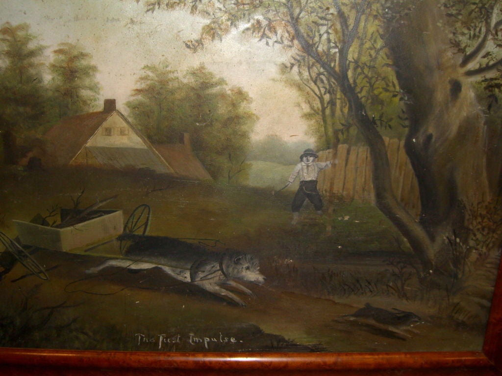American 19th cty charming primitive folk art oil of dog chasing squirrel