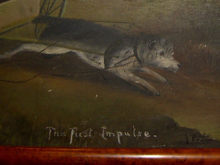 Wood 19th cty charming primitive folk art oil of dog chasing squirrel