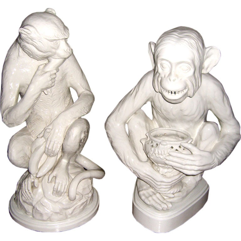 Great pair of large Tin Glazed Majolica Monkeys