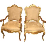 Retro Pair of French Leather and gilt wood armchairs