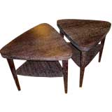 Pr limed oak 1950s triangular tables in the manner of James Mont