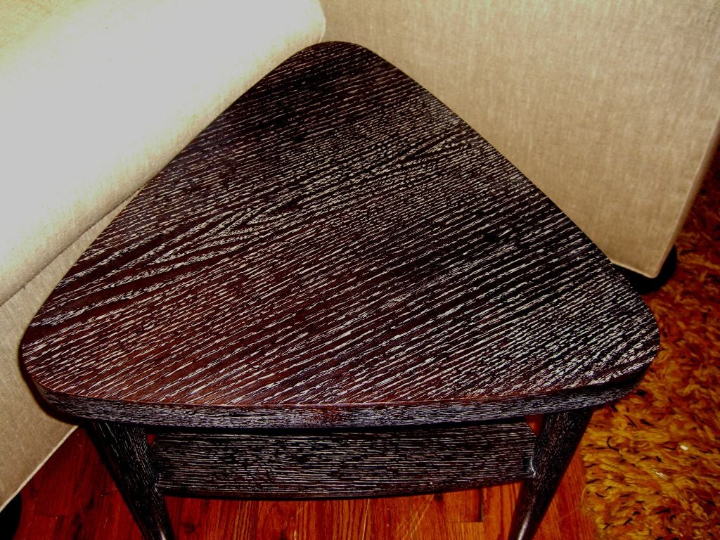 Mid-20th Century Pr limed oak 1950s triangular tables in the manner of James Mont