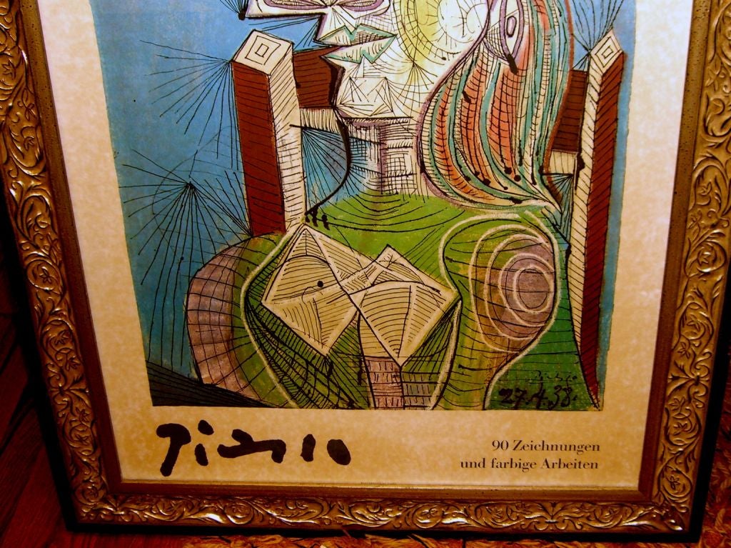A beautifully framed Picasso Exgibition poster from late 1971- January 1972. It is from Galerie Beyeler Basel. We have reframed it in a suitable and beautiful frame. It is dry mounted on to a board and unfortunately has overall foxing, although it