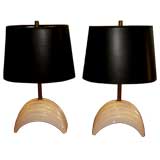 Nice pair of white crackle glazed ribbed lamps attr to J Adnet