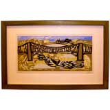 Vintage Colored Woodblock signed dated numbered 1966 Brooklyn Bridge