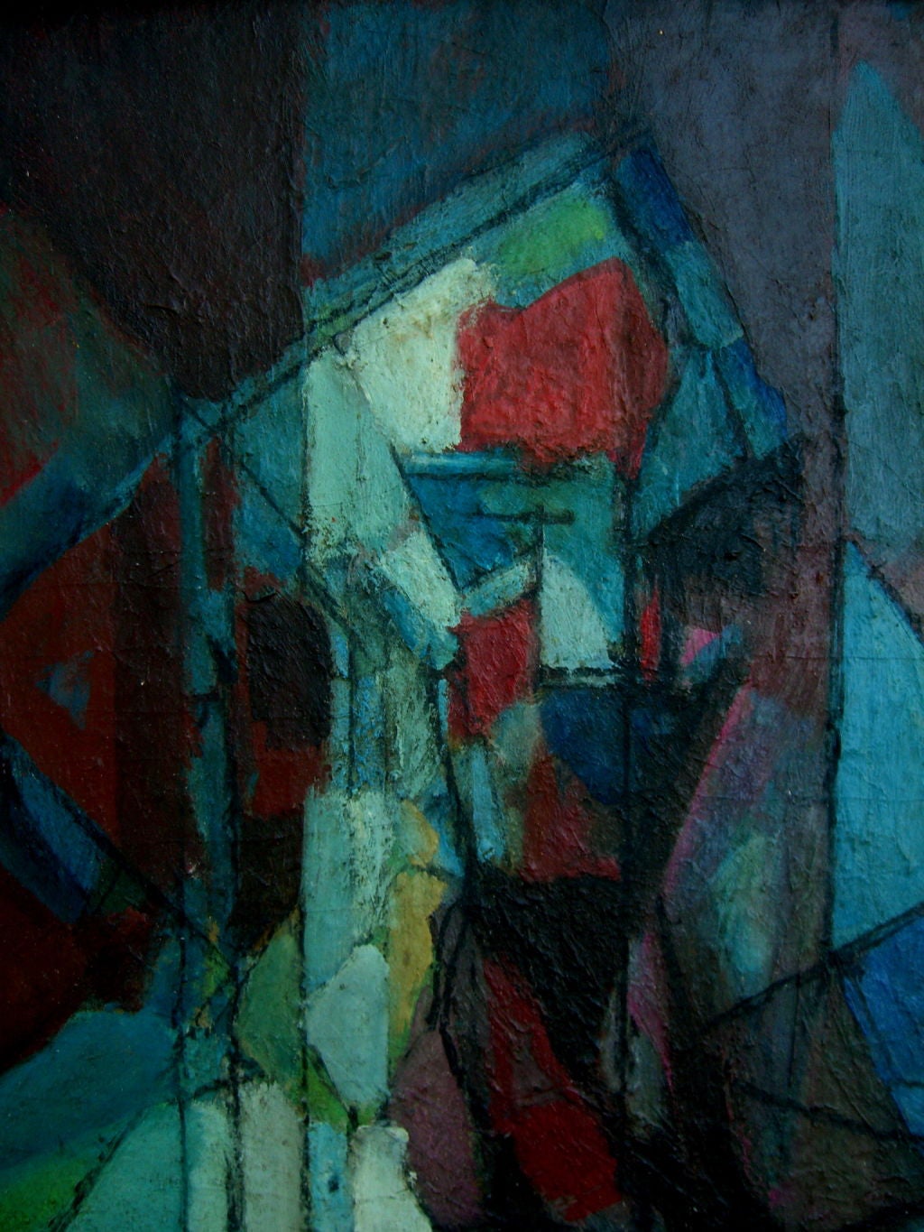A great cubist self portrait by the important American artist Earl Kerkam. It is an oil on board in a period 1940's frame. The frame is 36x31 inches in dimension, and the oil is signed lower right corner. There are some losses to the frame and some