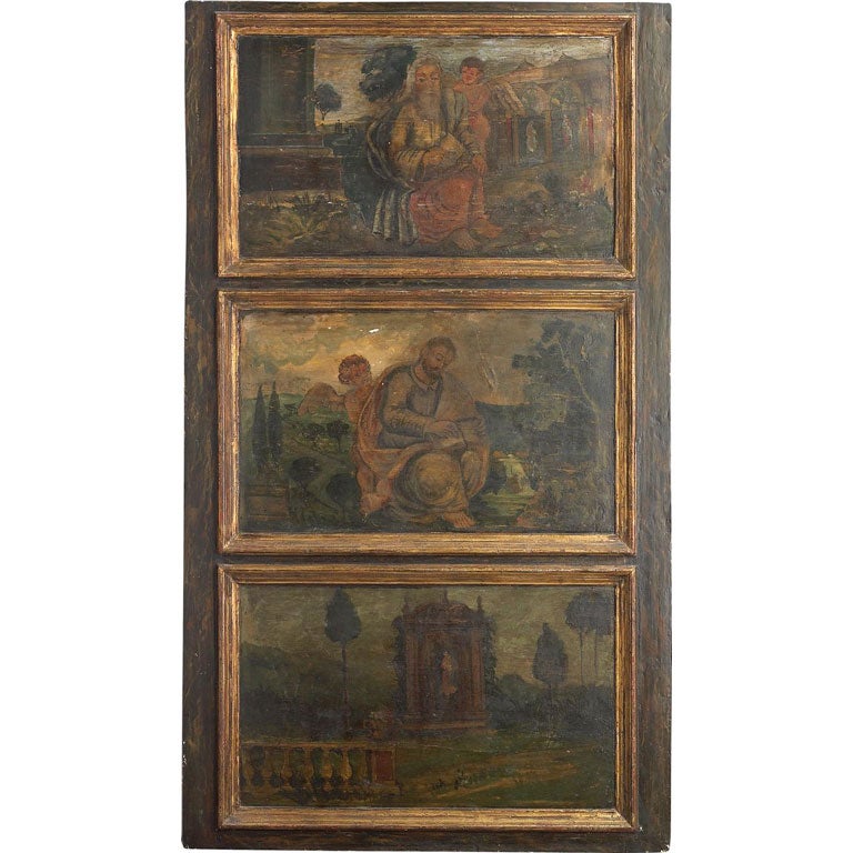 17th Century antique door from Spain with original oil paintings.  Double-sided with beautiful original paintings in all three panels of one side and decorative handpainted scrollwork on panels on the other side.<br />
EX 1943 www.porteradoors.com