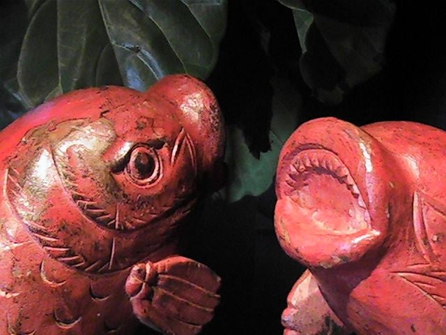 Thai (2) set of solid teak carved fish figures