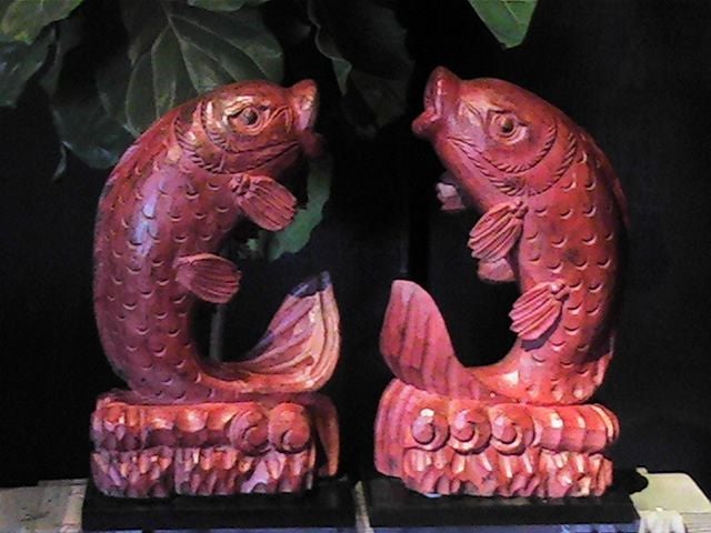 Mid-20th Century (2) set of solid teak carved fish figures