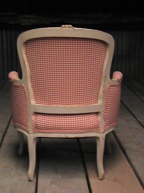 beautiful, immaculately upholstered french, bergere.  perfect lady's desk chair with antique or modern desk.  bedroom or bath.  it is absolutely perfect.  originally perchased from 