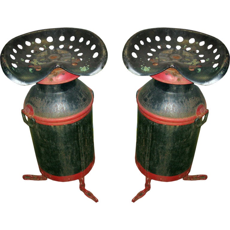 Four Tractor Seats on Milk Cans- Swivel Bar Stools