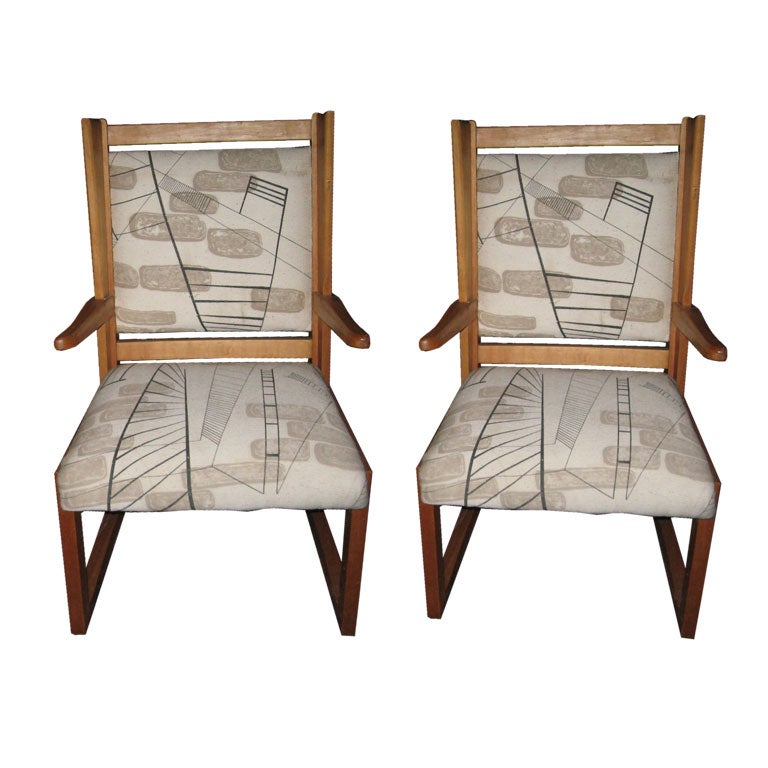 Pair of Mid-Century Fruitwood Chairs with Hand Blocked Fabric For Sale