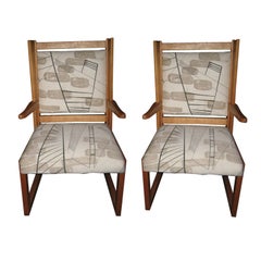 Pair of Mid-Century Fruitwood Chairs with Hand Blocked Fabric