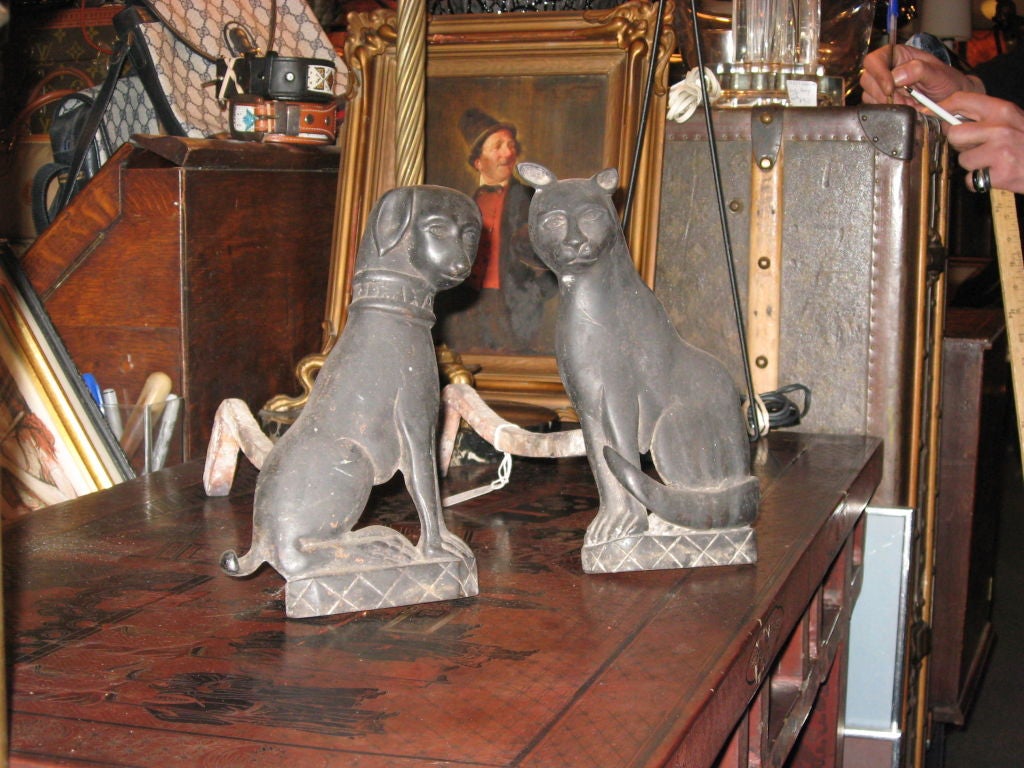 American Pair of Early Cat and Dog Bronze or Brass Andirons