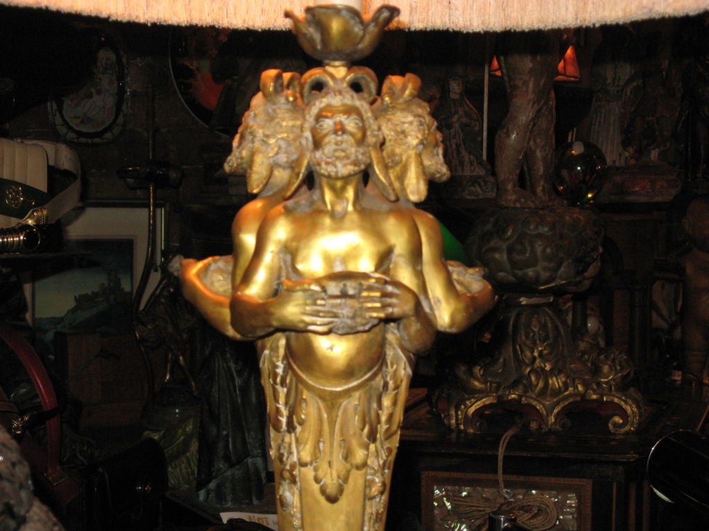 Doré bronze and marble fountain with three Satyrs attributed to Caldwell made into lamp. With silk shade.