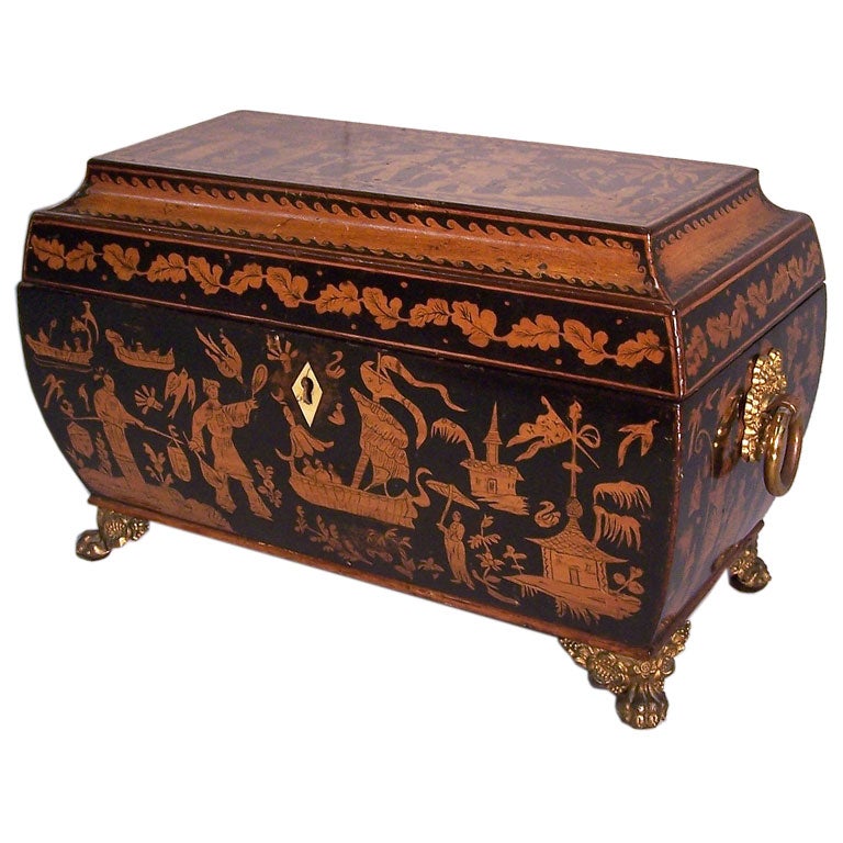 Large Regency Chinoiserie Pen-work Tea Caddy, c. 1820