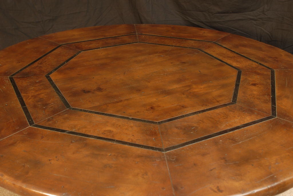 Round Dining Table in Solid Burled Elm with Lyre Base & Inlay