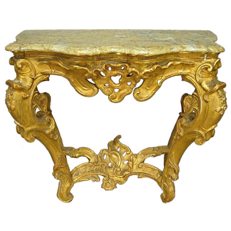 Consola rococó de madera dorada con tapa de mármol, Italia c. 1760