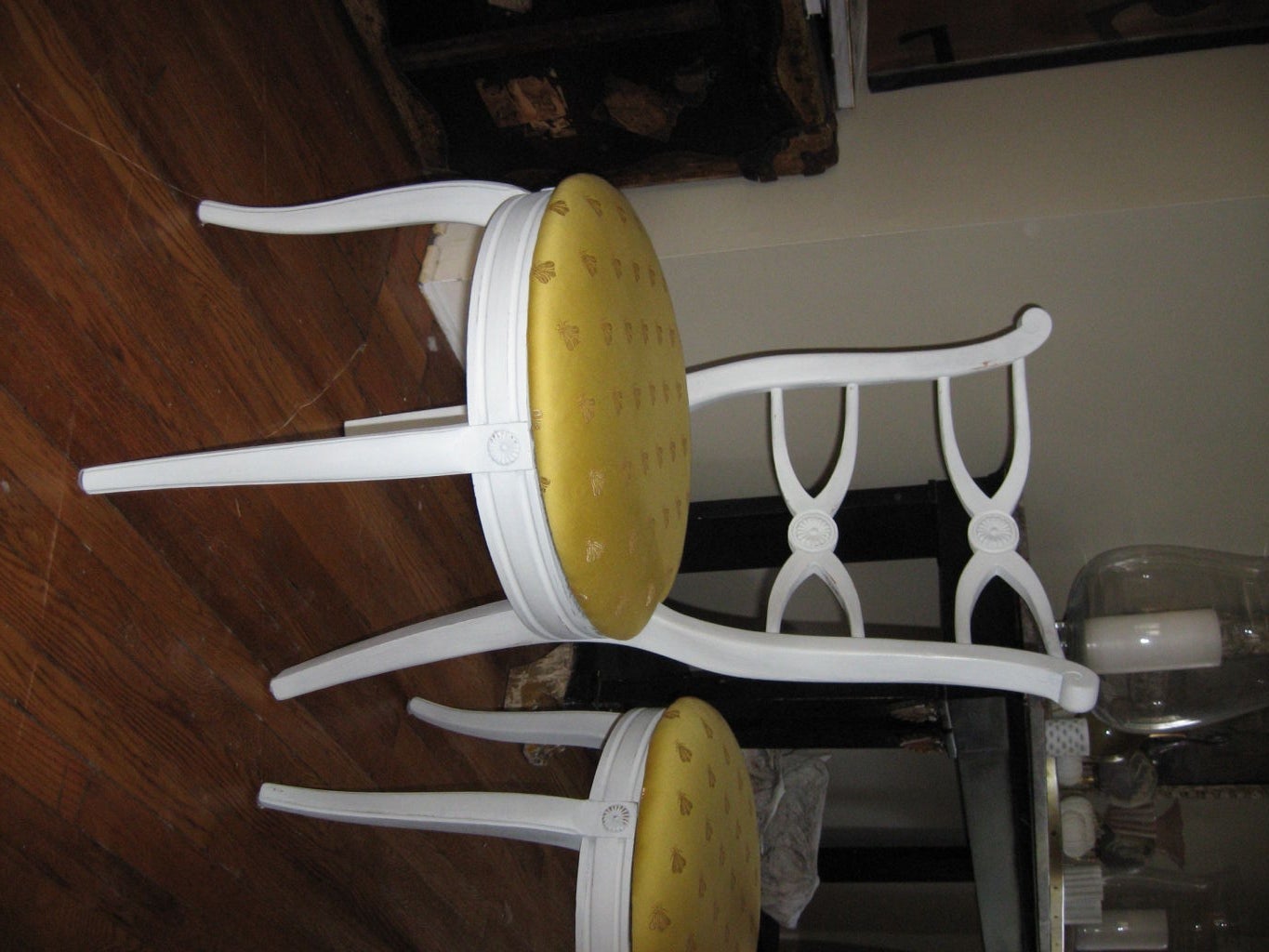 Set 4 Chairs with White Paint and Yellow Bumble Bee Fabric.