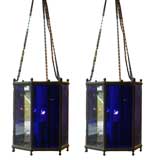 Pair of French cobalt and clear glass hanging lanterns.