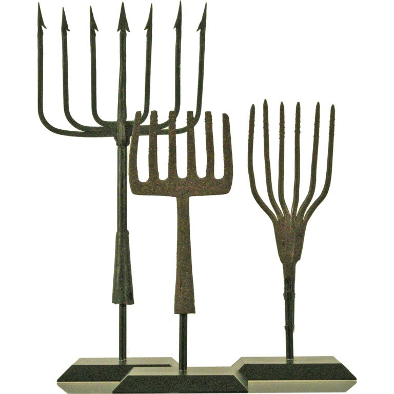 COLLECTION OF MOUNTED EARLY WROUGHT IRON EEL AND FISHING SPEARS