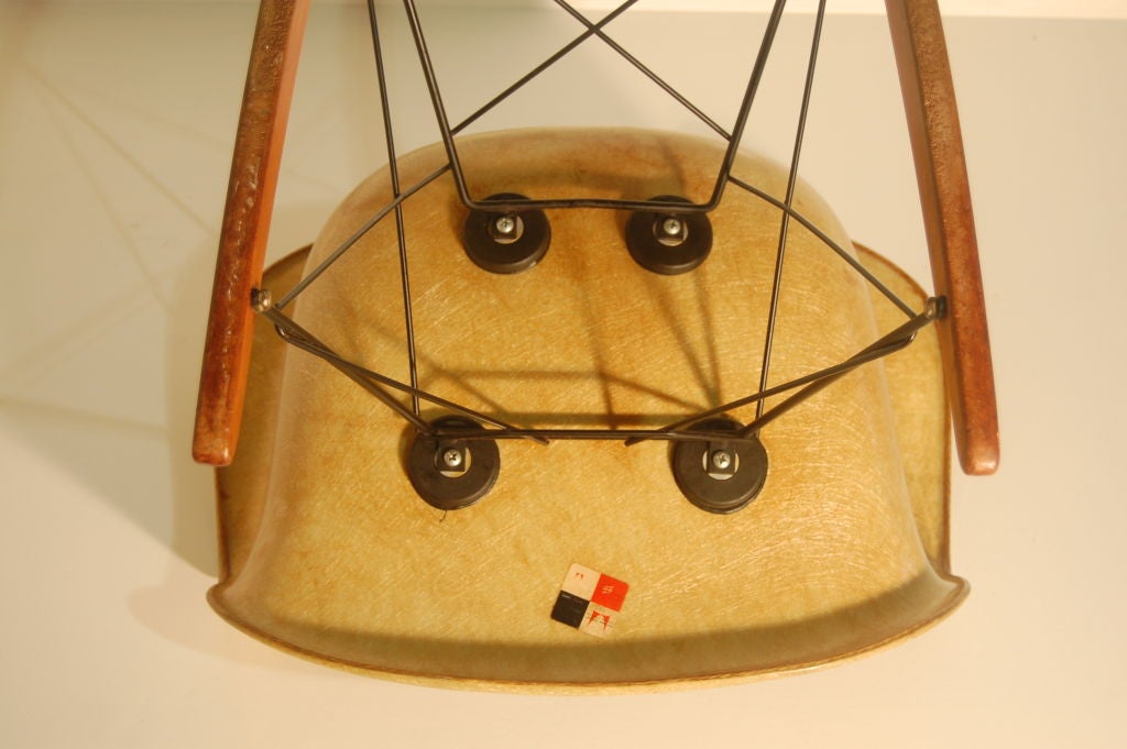 Charles and Ray Eames for Zenith Plastics and Banner Metals , Greige Cord Edge Rocker in rare colour , all original with full checkerboard Zenith label intact to u/side of shell , nice visible fibres to top , patina to runners.