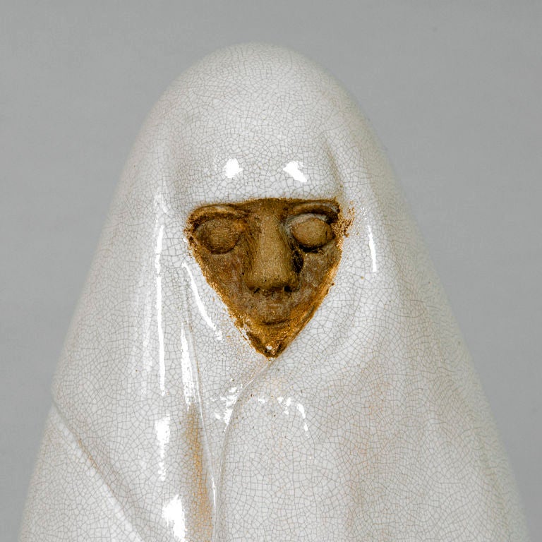 La Femme de Marrakech by Celine Lepage(1882-1928) France. Exceptionally important ceramic white glazed figure with original seal and signed label.
Authenticated by Felix Marcilhac, Paris. (This group was also made as a re-edition in the 1950s with a