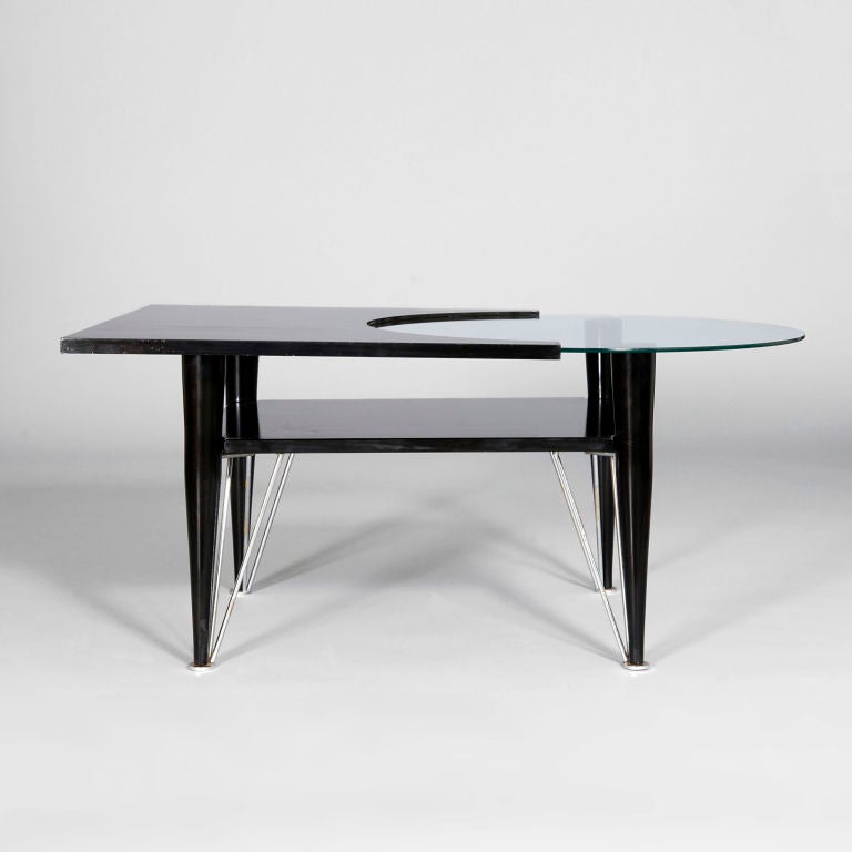 Early 1980s modernist black lacquer pau marfim and chrome occasional table, Italy.