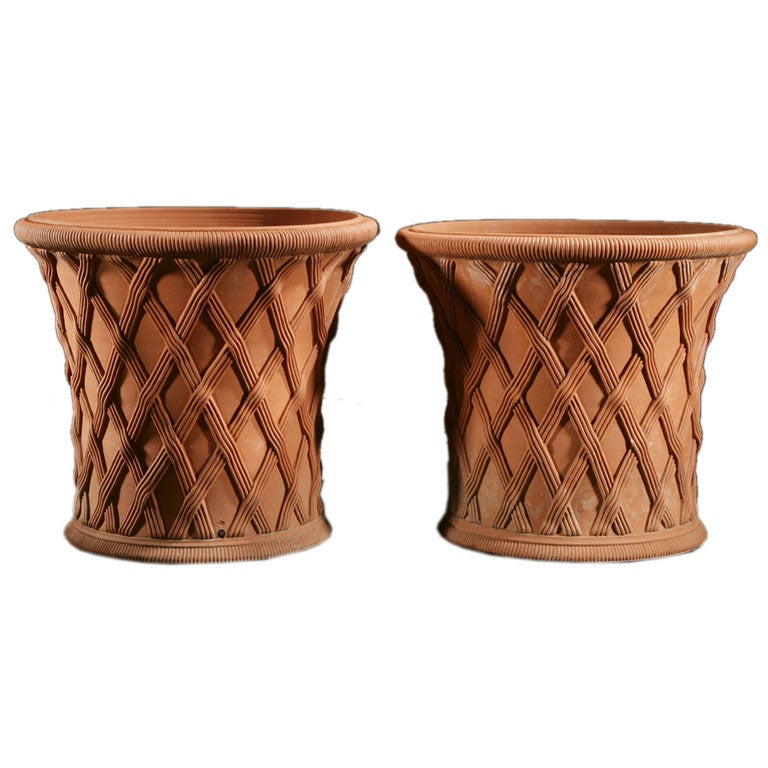 A Pair of Large Terracotta Basket Weave Weston Pots