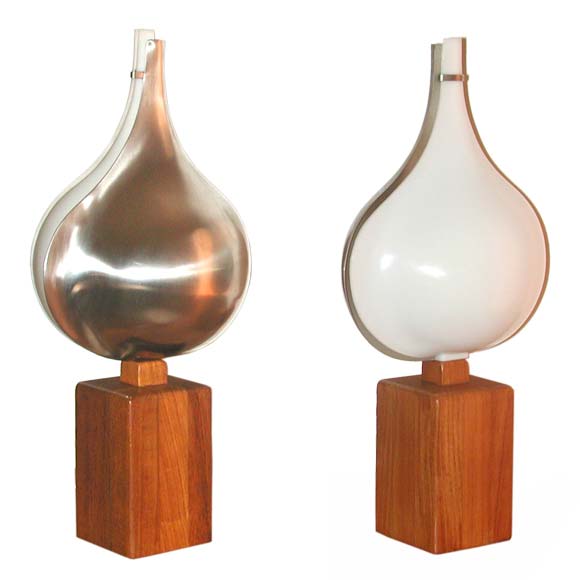 Pair of Metal and Opaque Tear Drop Lamps