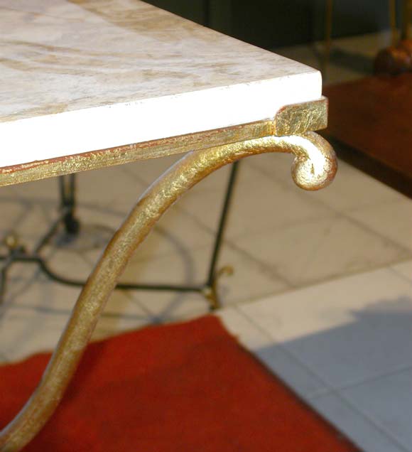 Travertine Gold Leaf Wrought Iron Two-Tier Table by René Drouet For Sale
