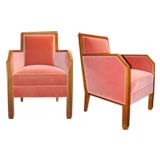 Pair of Coral Velvet Armchairs by René Prou