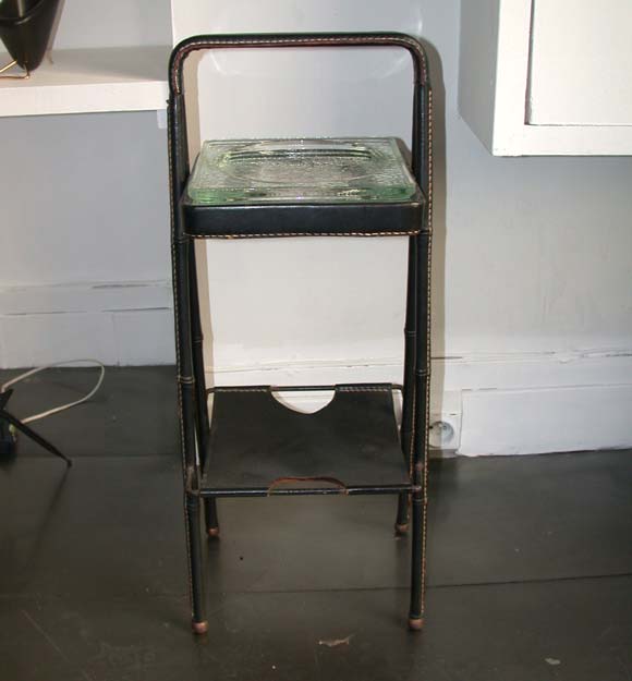 Black Saddle Stitched Leather Ashtray Stand by Jacques Adnet